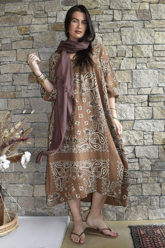 Kasbah Bubble Cotton Bandana Peasant Dress Hazelnut